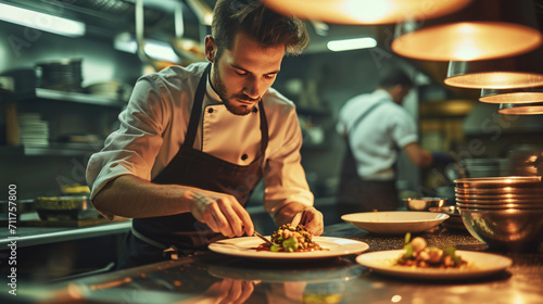 Focused male chef is meticulously garnishing a dish in a professional kitchen setting.