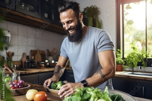 Man Cutting Vegetables on Cutting Board, Fresh Healthy Food Preparation, Handsome happy bearded man is preparing wonderful fresh vegan salad in the kitchen at home, AI Generated