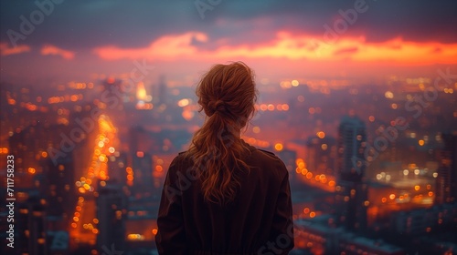 Contemplative woman overlooking a glowing cityscape at sunset