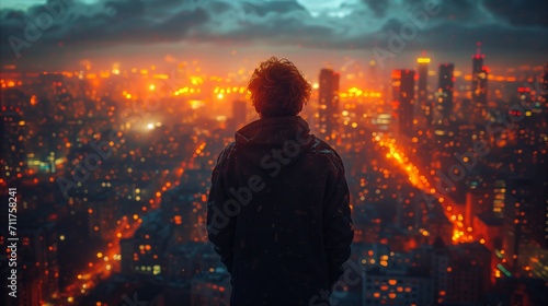 Contemplative man overlooking a bustling nighttime cityscape with lights