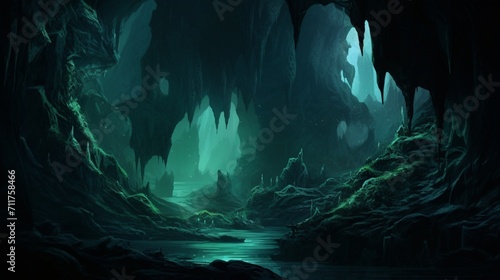 A nocturnal view of a bioluminescent cave system, showcasing the stunning glow of cave walls and stalactites under the ethereal light of phosphorescent organisms - Generative AI photo