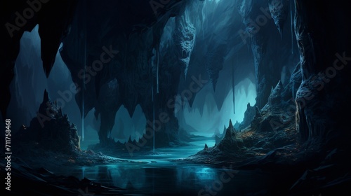 A nocturnal view of a bioluminescent cave system, showcasing the stunning glow of cave walls and stalactites under the ethereal light of phosphorescent organisms - Generative AI © Huzaifa