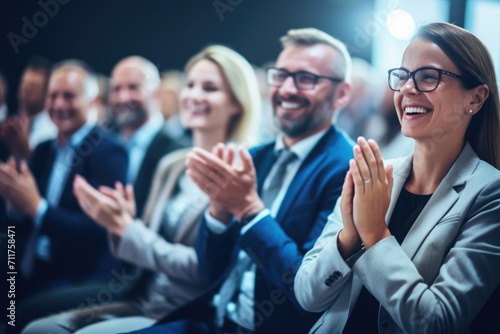 Group of People Clapping and Smiling in a Celebration of Joy and Success, Happy colleagues applauding while sitting in conference event at convention center business people sit together, AI Generated