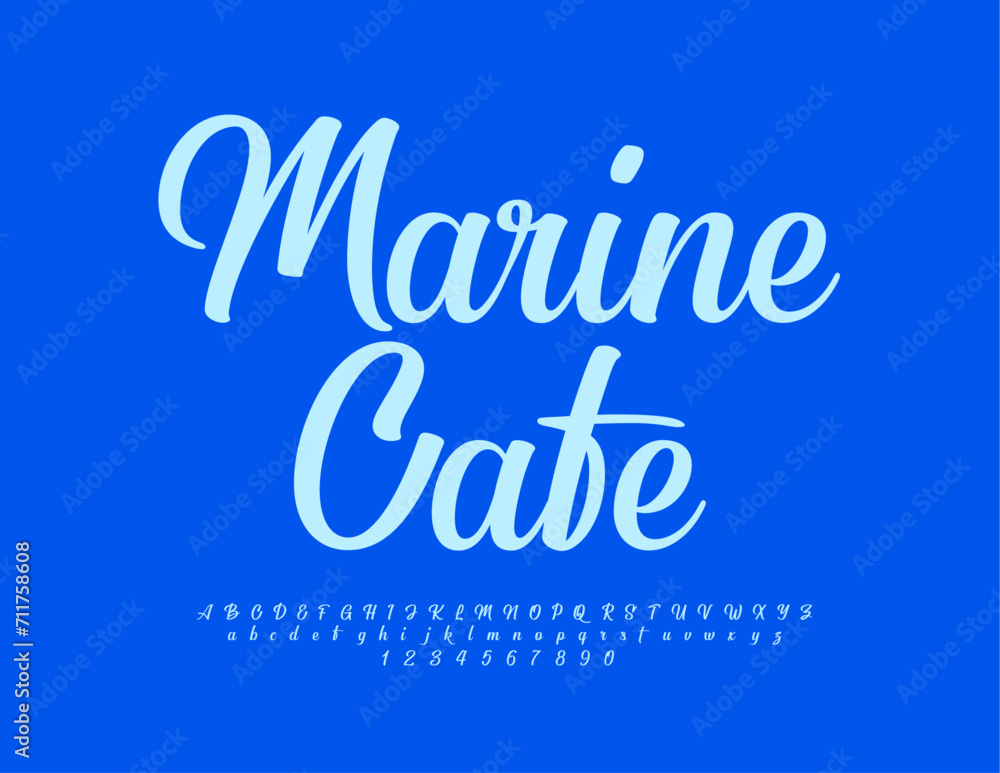 Vector beautiful Emblem Marine Cafe. Stylish Cursive Font. Trendy artistic Alphabet Letters and Numbers.
