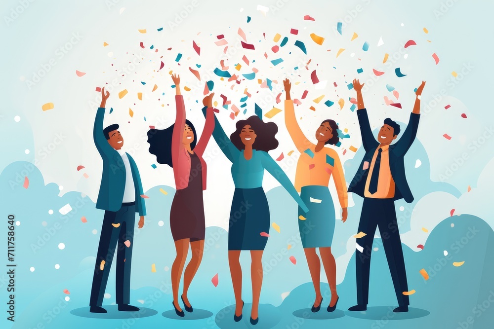 A joyful group of people celebrating, flinging confetti in the air, with smiles on their faces and arms raised, Happy diverse employees team celebrating success, AI Generated A joyful group of people celebrating, flinging confetti in the air, with smiles on their faces and arms raised, Happy diverse employees team celebrating success, AI Generated