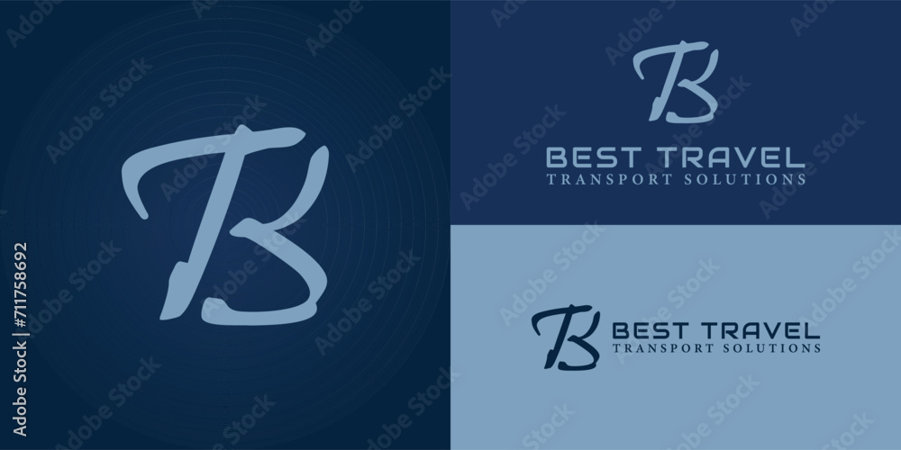 abstract initial letter B and T logo in luxury blue logo isolated in dark blue background applied for travel agency logo also suitable for the brands or companies that have initial name BT or TB - obrazy, fototapety, plakaty 
