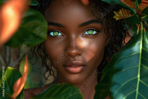 the beautiful african woman with green eyes, standing against green leaves