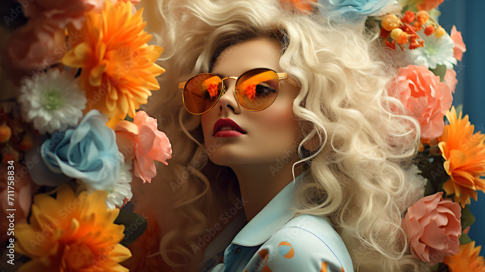 a beautiful high fashion lady with cool sunglasses in front of a crazy multicolored flower background
a beautiful high fashion lady with cool sunglasses in front of a crazy multicolored flower background