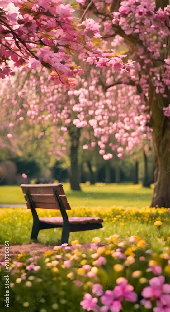 Bench under blooming cherry blossoms. The concept of spring tranquility. Vertical format. Bench under blooming cherry blossoms. The concept of spring tranquility. Vertical format.