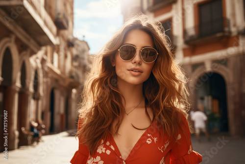 Traveler girl in sunglasses in street of old town in Valencia. Young tourist in solo travel. Vacation, holiday, trip