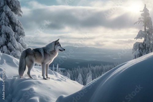 Stunning snowy landscape featuring majestic wolf. Generative AI