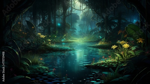A nocturnal view of a tropical jungle with glowing bioluminescent plants, portraying the mysterious and enchanting beauty of a nighttime rainforest - Generative AI © Huzaifa