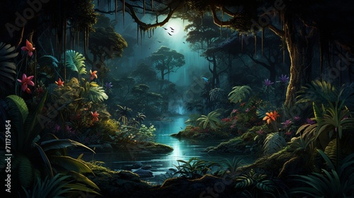 A nocturnal view of a tropical jungle with glowing bioluminescent plants  portraying the mysterious and enchanting beauty of a nighttime rainforest - Generative AI