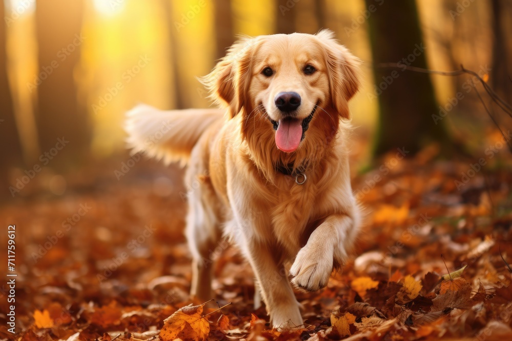 A golden retriever joyfully dashes through a colorful forest, with leaves flying in its wake, Happy golden retriever dog on Autumn nature background, AI Generated A golden retriever joyfully dashes through a colorful forest, with leaves flying in its wake, Happy golden retriever dog on Autumn nature background, AI Generated