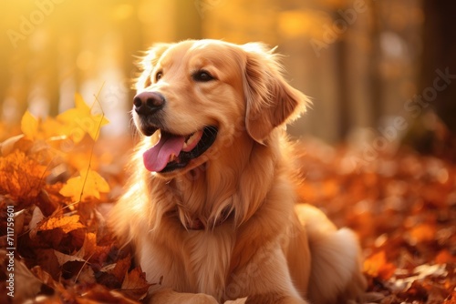 A peaceful golden retriever enjoying a nap amidst a colorful pile of fallen autumn foliage, Happy golden retriever dog on Autumn nature background, AI Generated