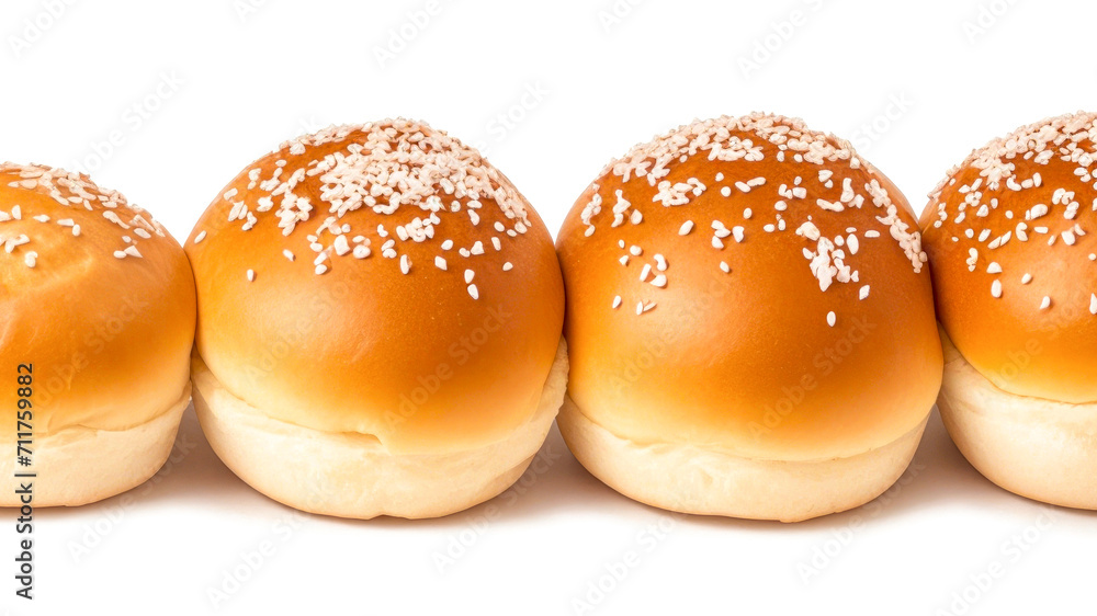 Bread Bun in row isolated on white background. Set of hamburger bread with sesame seeds, banner with copy space Bread Bun in row isolated on white background. Set of hamburger bread with sesame seeds, banner with copy space
