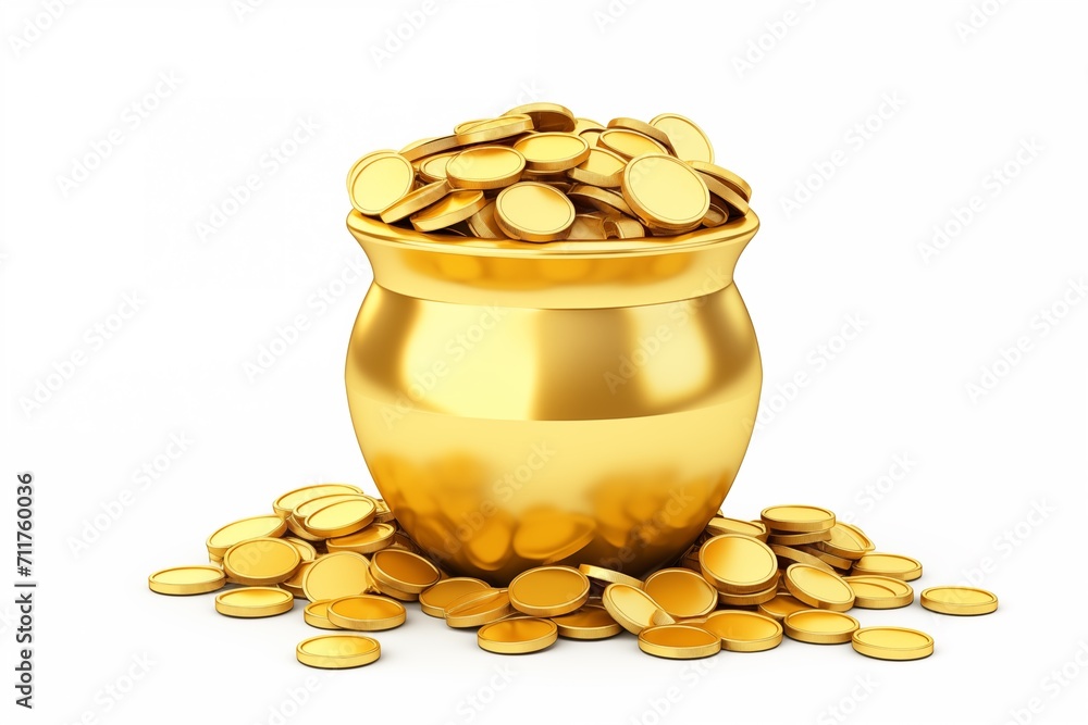 Golden pot full of golden coins isolated on white background