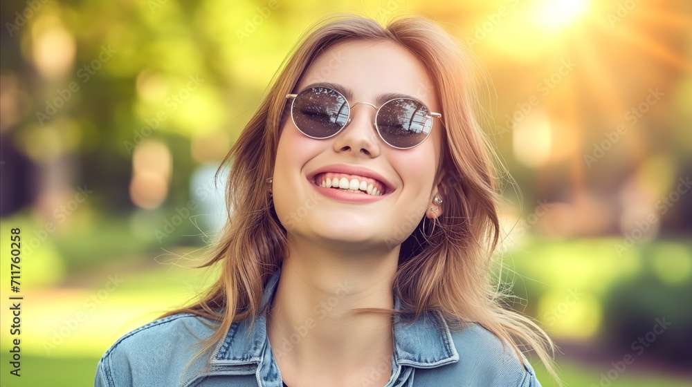 Radiant young woman enjoying sunny day outdoors wearing sunglasses Radiant young woman enjoying sunny day outdoors wearing sunglasses