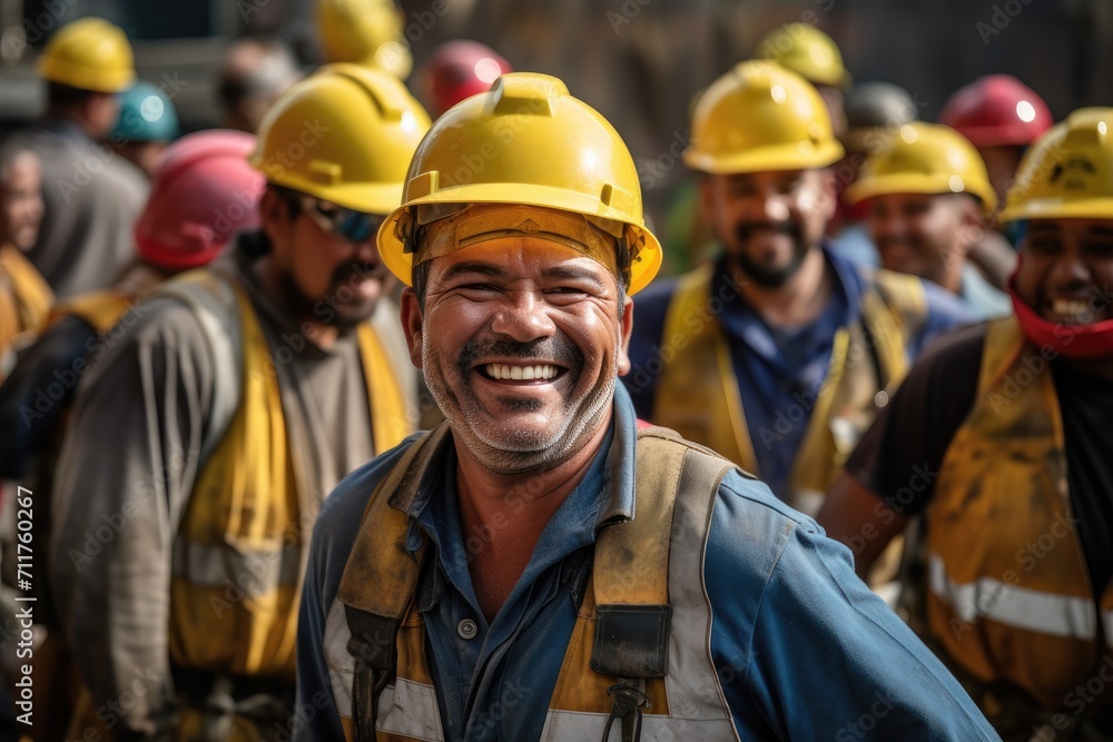 A group of men working at a construction site wearing hard hats and safety gear, Happy of team construction worker, AI Generated A group of men working at a construction site wearing hard hats and safety gear, Happy of team construction worker, AI Generated