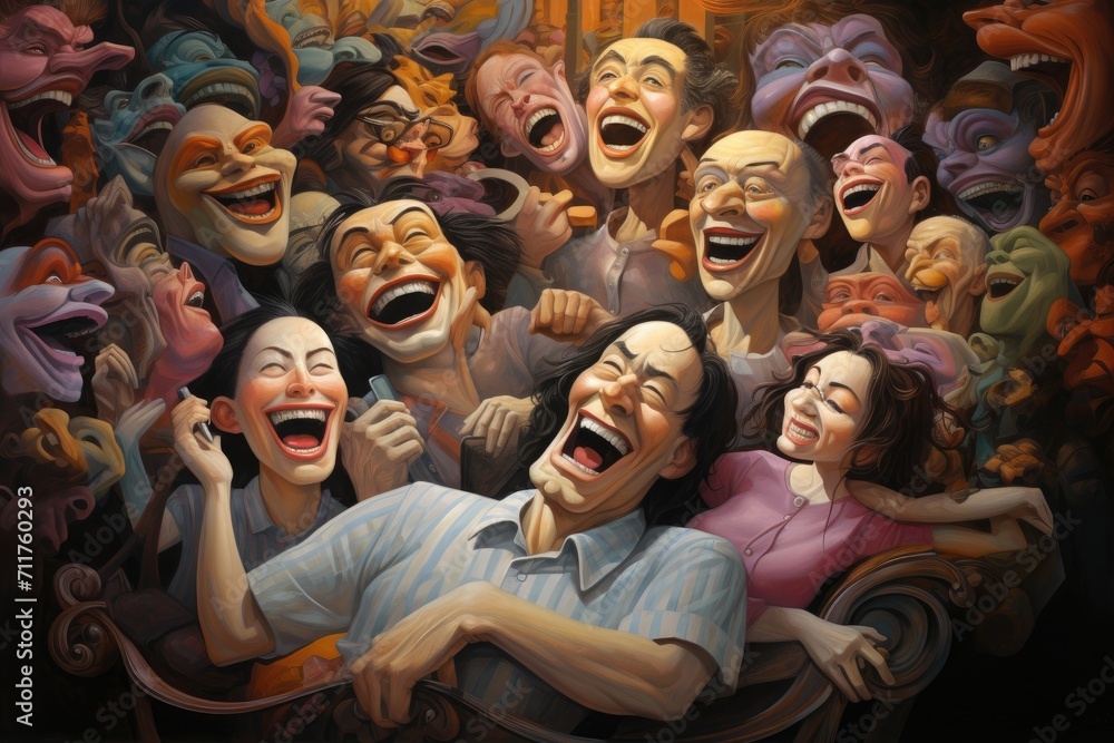 This image showcases a vibrant painting capturing the joyful scene of a group of individuals laughing together, Happy people, AI Generated