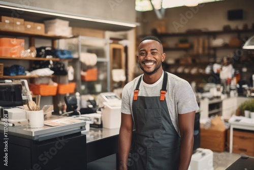 A man standing next to a counter in a kitchen, Happy Professional Shop assistant of retail store at counter with big smile in home improvement retail, AI Generated photo