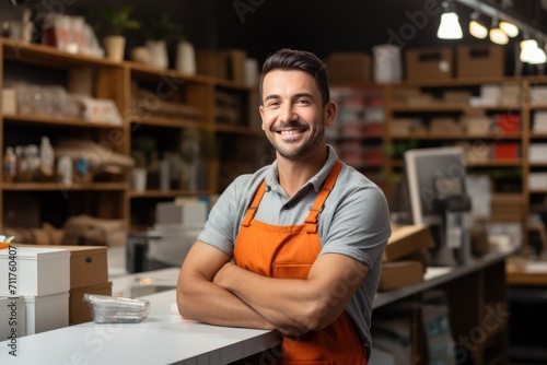 A man wearing an orange apron stands behind a counter, Happy Professional Shop assistant of retail store at counter with big smile in home improvement retail, AI Generated © Iftikhar alam