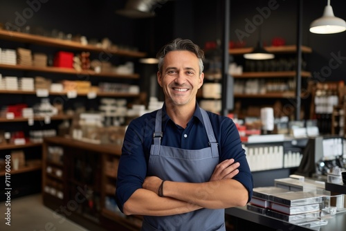 Man Standing in Store With Arms Crossed, Happy Professional Shop assistant of retail store at counter with big smile in home improvement retail, AI Generated