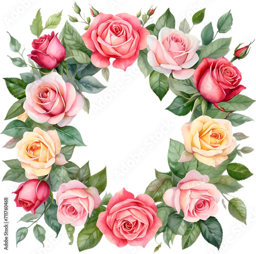 Watercolor painting of rectangle-shaped rose wreath. 