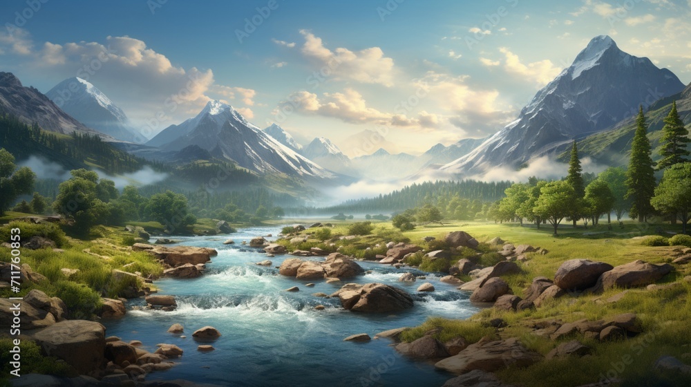A tranquil river winding through a serene valley