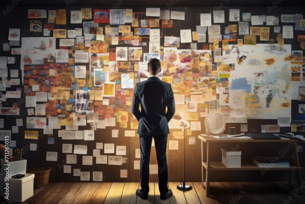 A man stands in front of a wall completely covered in papers, head manager lead brainstorm ideas sharing standing concentrate make a decision for strategy, AI Generated A man stands in front of a wall completely covered in papers, head manager lead brainstorm ideas sharing standing concentrate make a decision for strategy, AI Generated
