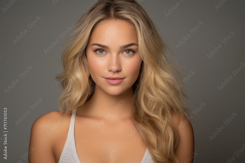 A woman with long blonde hair wearing a tank top, Headshot of a beautiful blond smiling young woman looking at the camera on gray background, AI Generated A woman with long blonde hair wearing a tank top, Headshot of a beautiful blond smiling young woman looking at the camera on gray background, AI Generated