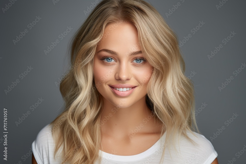 An image of a woman with blonde hair and blue eyes, looking confident and poised, Headshot of a beautiful blond smiling young woman looking at the camera on gray background, AI Generated