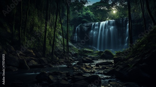 A nocturnal view of a waterfall amidst a forest  showcasing the ethereal beauty of a nighttime cascade illuminated by moonlight. - Generative AI