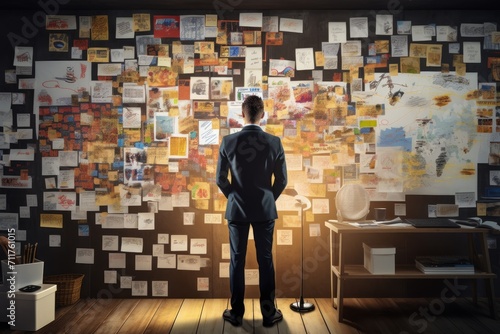 A man stands in front of a wall completely covered in papers, head manager lead brainstorm ideas sharing standing concentrate make a decision for strategy, AI Generated