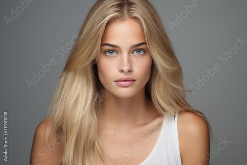 A captivating woman with stunning long blonde hair and piercing blue eyes, Headshot of a beautiful blond smiling young woman looking at the camera on gray background, AI Generated