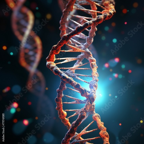 Digital illustration DNA structure in colour background with bokeh effect. 3D rendering. AI.