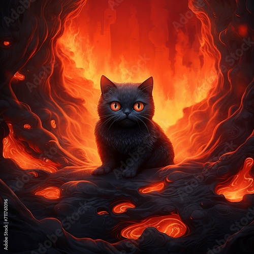 Black cat sitting in a burning forest, 3d illustration. AI.