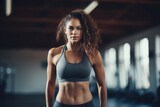 A woman wearing a gray sports bra top and black shorts, showcasing stylish and practical athletic apparel for women, Healthy young female athlete doing fitness workout, AI Generated