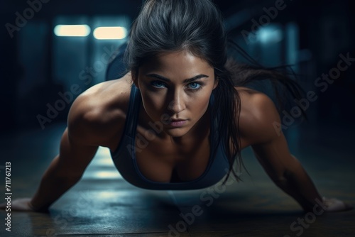 A woman engages in push ups in a dimly lit room, Healthy young female athlete doing fitness workout, AI Generated