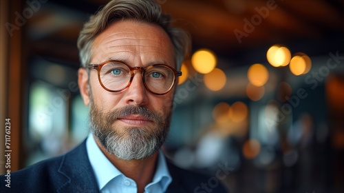 Confident businessman in suit with stylish eyeglasses indoors