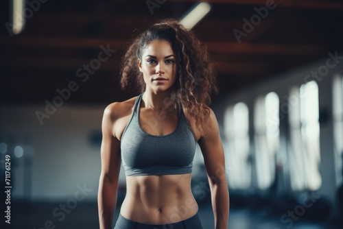 A woman wearing a gray sports bra top and black shorts, showcasing stylish and practical athletic apparel for women, Healthy young female athlete doing fitness workout, AI Generated © Iftikhar alam
