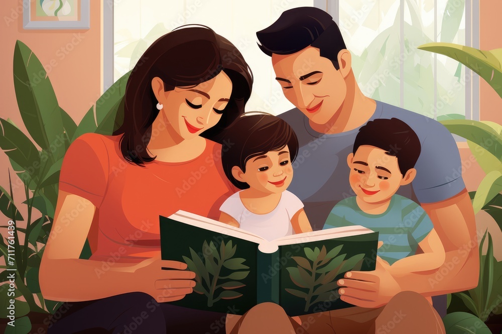 Family Reading Book Together, Enjoying a Shared Reading Experience, Hispanic couple sitting on the sofa reading a book at home with their baby son and young daughter, AI Generated Family Reading Book Together, Enjoying a Shared Reading Experience, Hispanic couple sitting on the sofa reading a book at home with their baby son and young daughter, AI Generated
