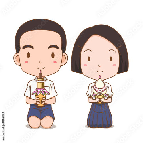 Cartoon of boy and girl students raising trays to pay homage to teachers. For Teacher's Day.