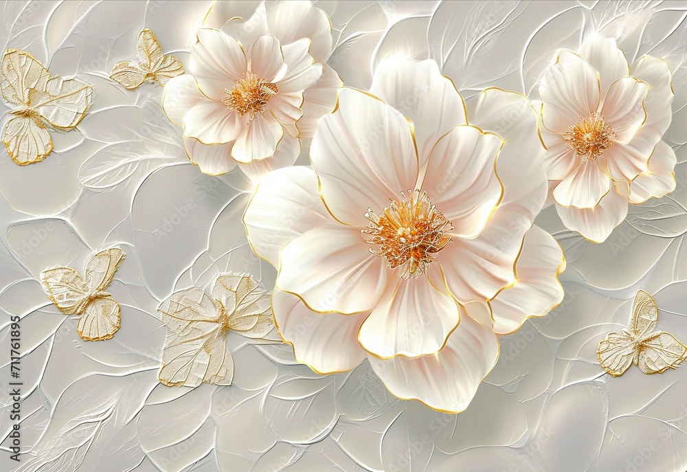 white abstract gold flower wallpaper floral wallpaper decoration, in the style of meticulous mosaics, uhd image, romantic charm.