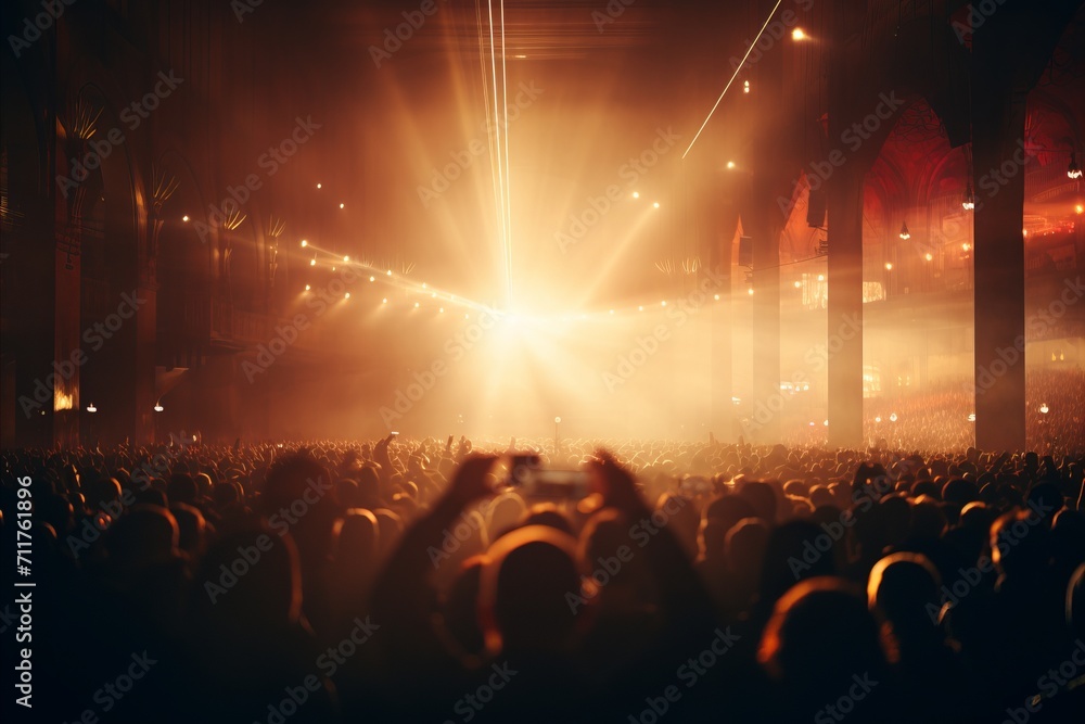 Enthusiastic crowd immersed in the concert experience, capturing memories with mobile phones