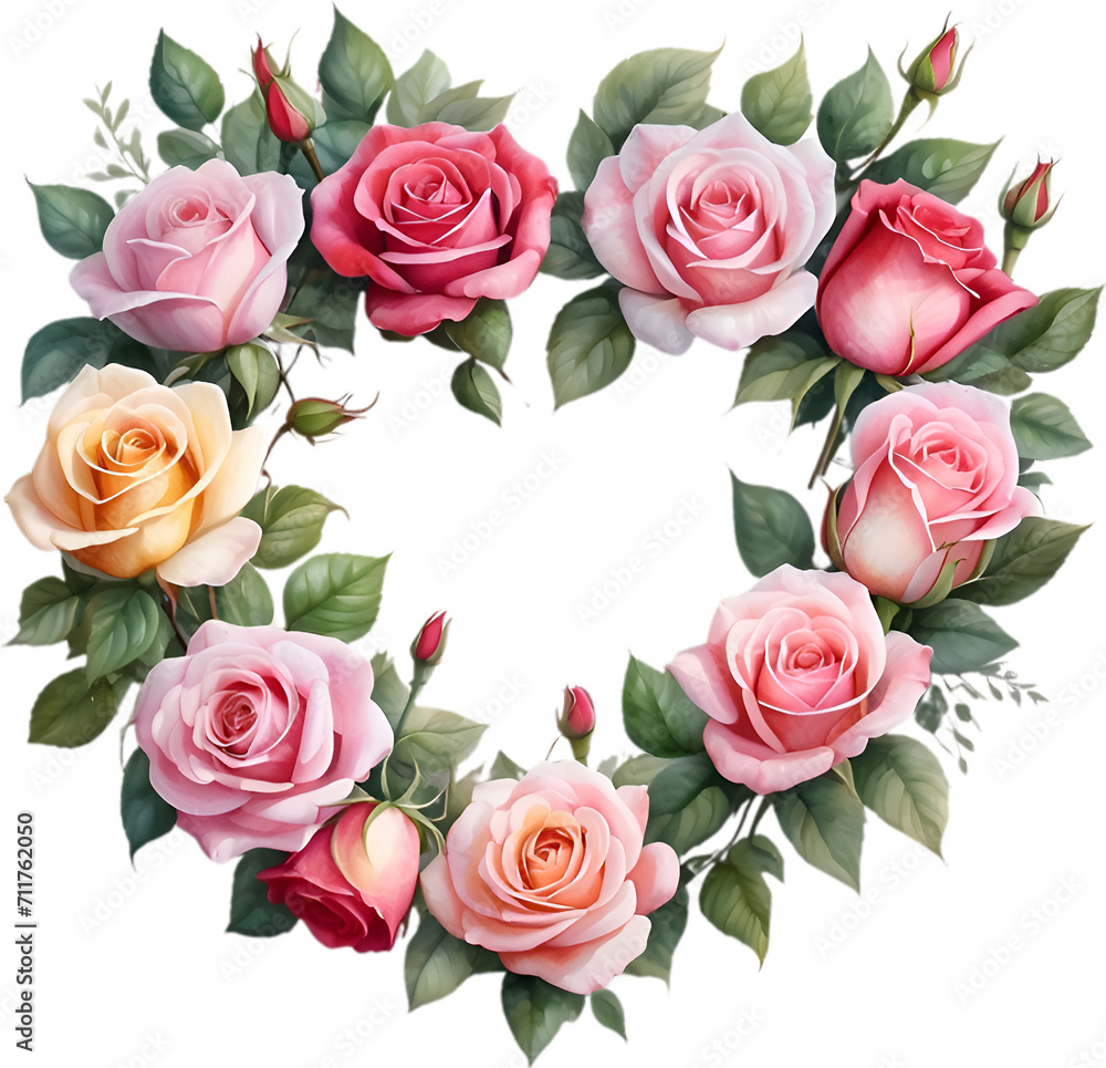 Watercolor painting of heart-shaped rose wreath.