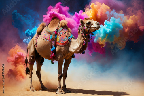 camel with colorful smoke background photo