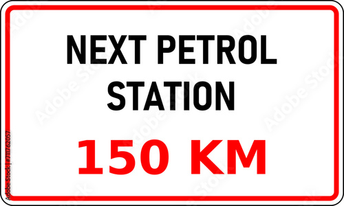 Vector graphic of road sign showing the next internal combustion (ice) fuel station is 150 kilometers away. This information would be useful in reducing range anxiety