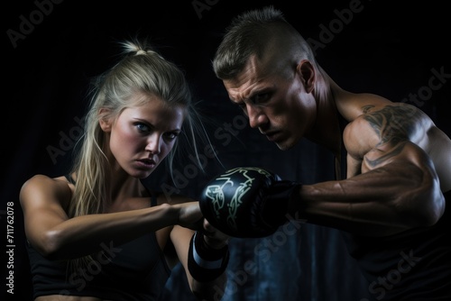 Dark Boxing, A Man and Woman Engaged in a Fierce Match, Intensive mixed martial arts training for fitness and self defense involving a female athlete, AI Generated © Iftikhar alam