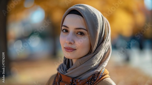 Portrait of a Hijab-Wearing Woman, modern and empowered, against a backdrop of a city park in gentle daylight
